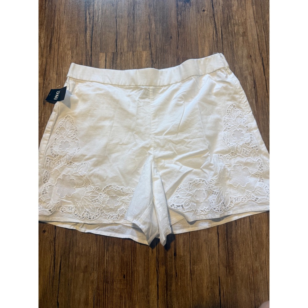 INC International Concepts White Floral Lace Eyelet Cotton Linen Shorts Large